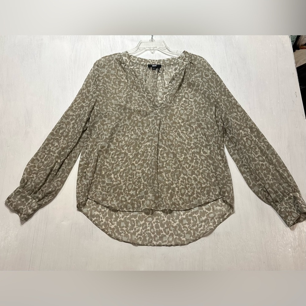 DKNY Sheer Leopard Print Blouse Women’s M Taupe Beige Long Sleeve V-Neck Top
